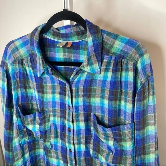 Pilcro | Anthropologie Hadley Relaxed Button Down Shirt Blue Green Size XL - Picture 3 of 13